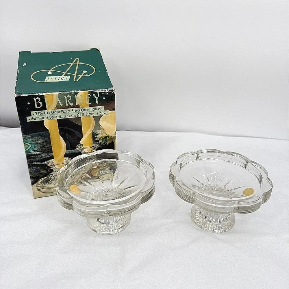 VTG 24% Lead Crystal Candle Holders Blarney Scalloped w/ Box Pair 3in Elegant